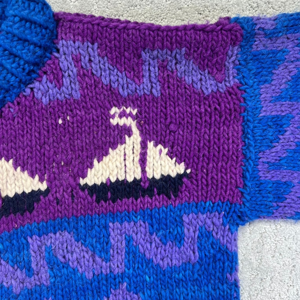 Vintage Hand Made Wool Sweater L/XL?? Sailboat Nautical Knit Blue Chunky Ecuador - Picture 5 of 16